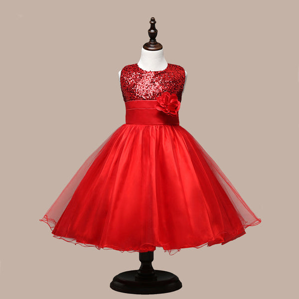 Girls Red Sequence Chest  Frock