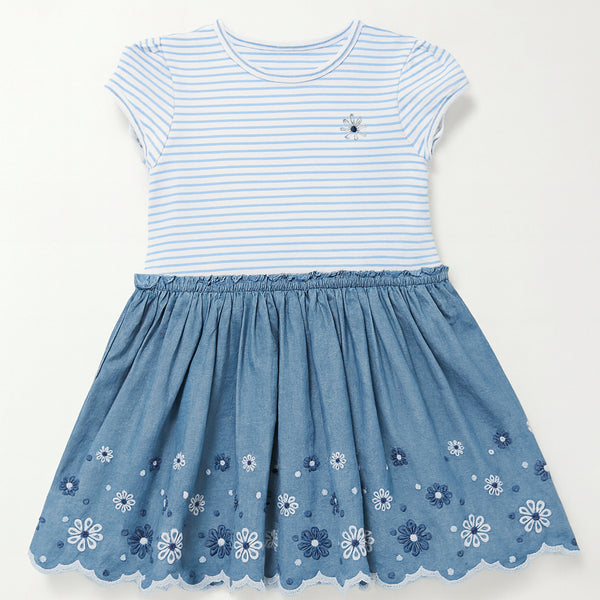TOPO Girl Blue and White Lining Cotton Frock Flower Embroidery
