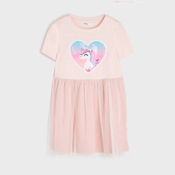 MN Girl T-Pink Unicorn Heart Patch Frock With Net