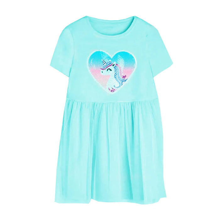 MN Girl Sea Green Multi Uni Corn Heart Patch Frock With Net