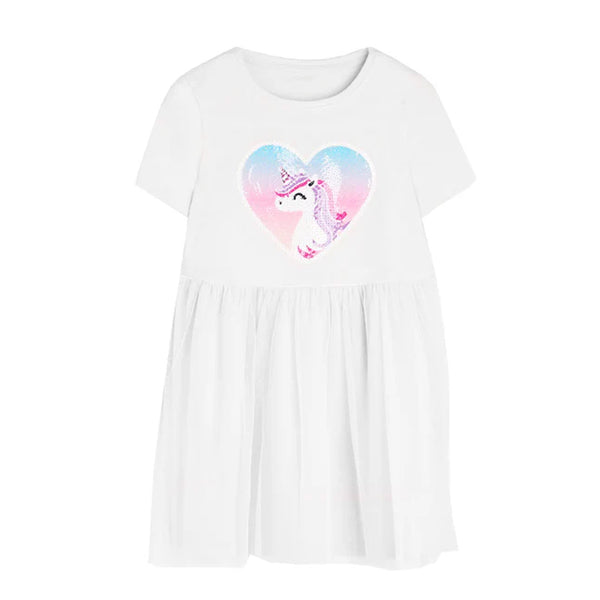 MN Girl White Unicorn Heart Patch Frock With Net