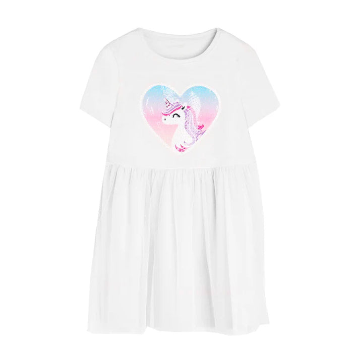 MN Girl White Unicorn Heart Patch Frock With Net