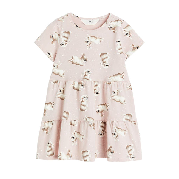 HM Girl Half Sleeves Peach Rabbit Printed Frock