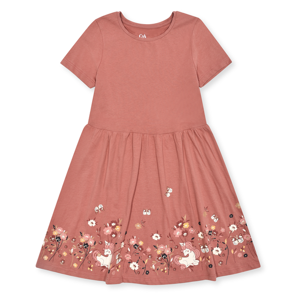 CA Brown Unicorn Glittery Flower Printed Frock