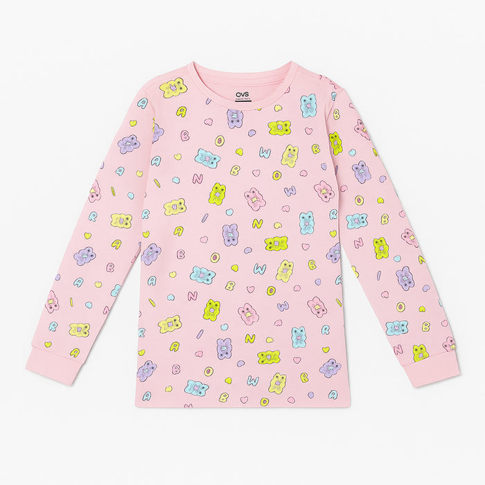 O V S Girl Baby Pink Bear Printed Full Sleeve Shirt