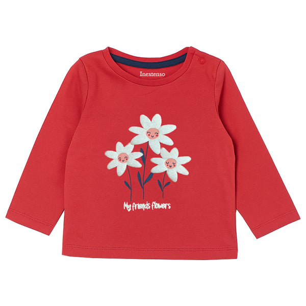 IN EX Girl Red With White Embosed Flower Full Sleeve T-Shirt