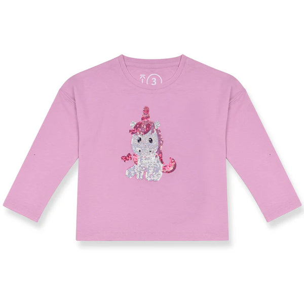 KD Girl Light Pink Unicorn Sequence Full Sleeves Shirt