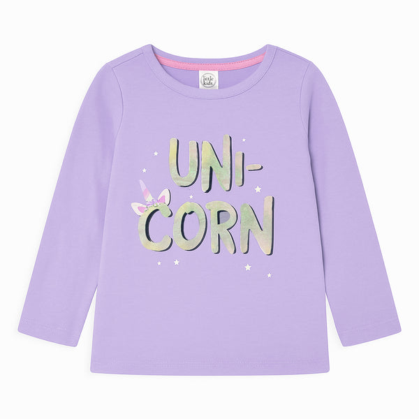 LK Girl Purple UNI-CORN With Star Printed T-shirt