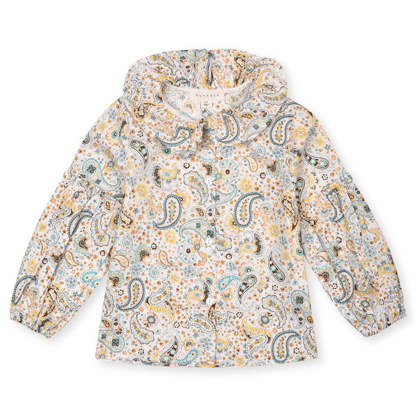 MUNE Girl Off-white Cotton Floral Printed With Frill On Neck Top