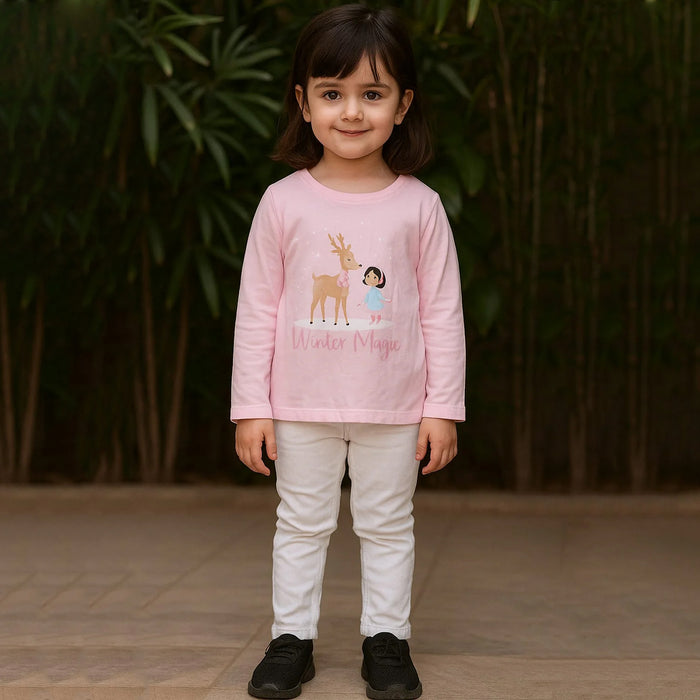 KIDS Girl Pink Reindeer Printed Winter Magic T-Shirt