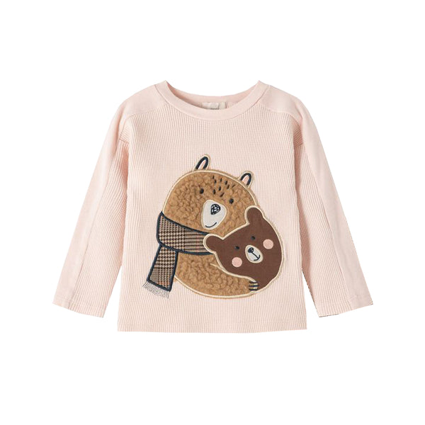 Girl Peach Thermal T-shirt With Bear Face Embroidery