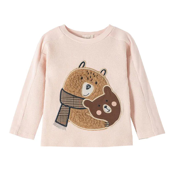 Girl Peach Thermal T-shirt With Bear Face Embroidery