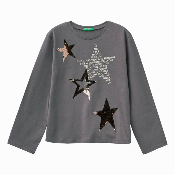 UCOB Girl Grey Star Sequin Long Sleeves Top