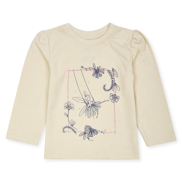 Girls Shoulder Side Button Butterfly Floral Printed T-Shirt