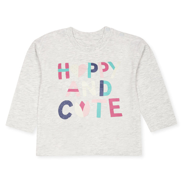 Girl Grey Happy And Cute Printed Shoulder Button Long Sleeves T-Shirt