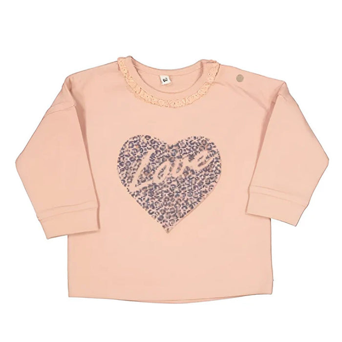 Girl Pink Heart Printed Round Neck Frill T-Shirt