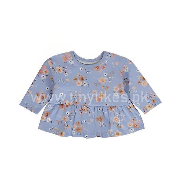 GERG Full Sleeves Top Frock Blue Floral Print - TinyTikes.pk