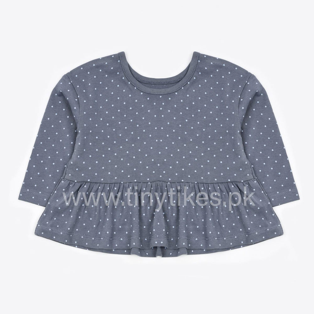 GERG Full Sleeves Top Frock (Organic Cotton) Grey Color With White Dotes - TinyTikes.pk