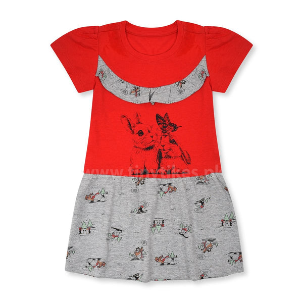 GERG Half Sleeves Soft Cotton Jersey Red & Grey Top Dress With Rabbit Print - TinyTikes.pk