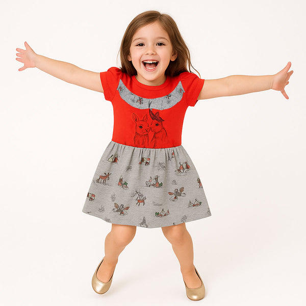 GERG Girl Red & Grey With Rabbit Printed Jersey Top Dress
