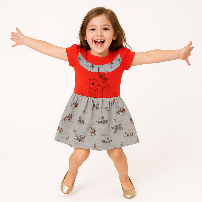 GERG Girl Red & Grey With Rabbit Printed Jersey Top Dress