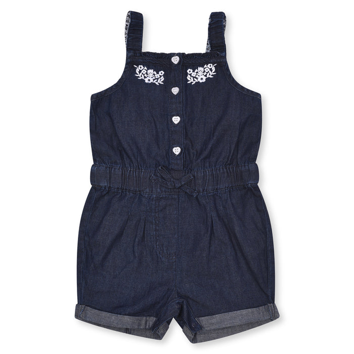 Girl Soft Denim Blue Jumpsuit Flower Embroidery
