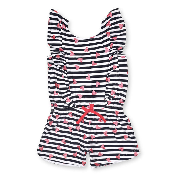 Girl Black and White Lining With Glitreish Heart Printed Jumpsuit