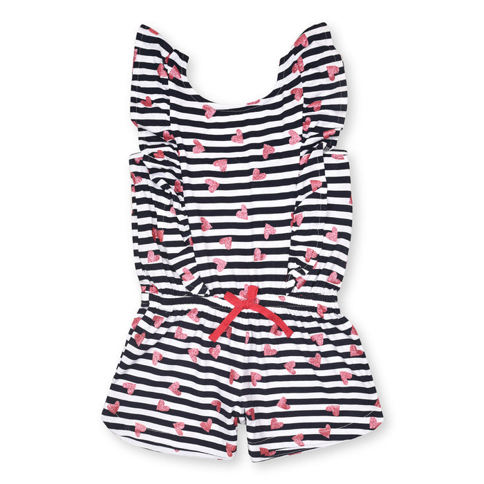 Girl Black and White Lining With Glitreish Heart Printed Jumpsuit