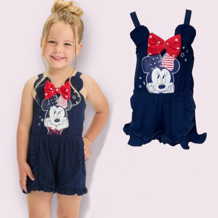 DSN Girl Blue Mickey Mouser Printed Jumpsuit With Red Bow