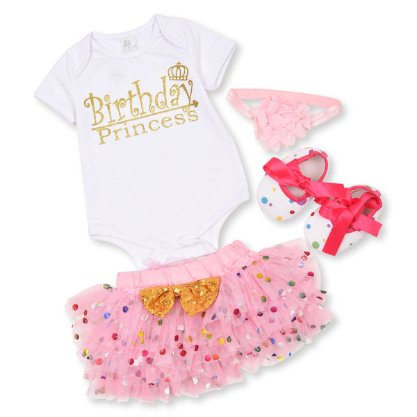 Baby Girl Set of 4 Golden Birthday Princess Print White Cotton Romper, Ruffle Stories, Headband And Shoes