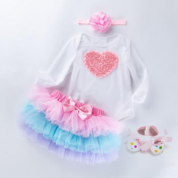 Baby Girl Set of 4 With 3d Heart  White Cotton Romper, Ruffle Stories, Headband And Shoes