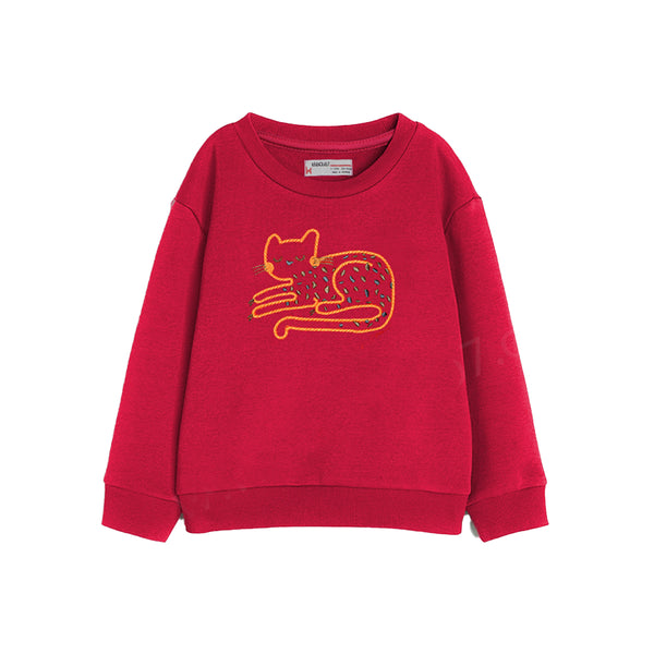 KC7 Girl Red Color Cat Embroidery Sweat Shirt