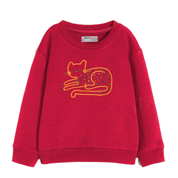 KC7 Girl Red Color Cat Embroidery Sweat Shirt