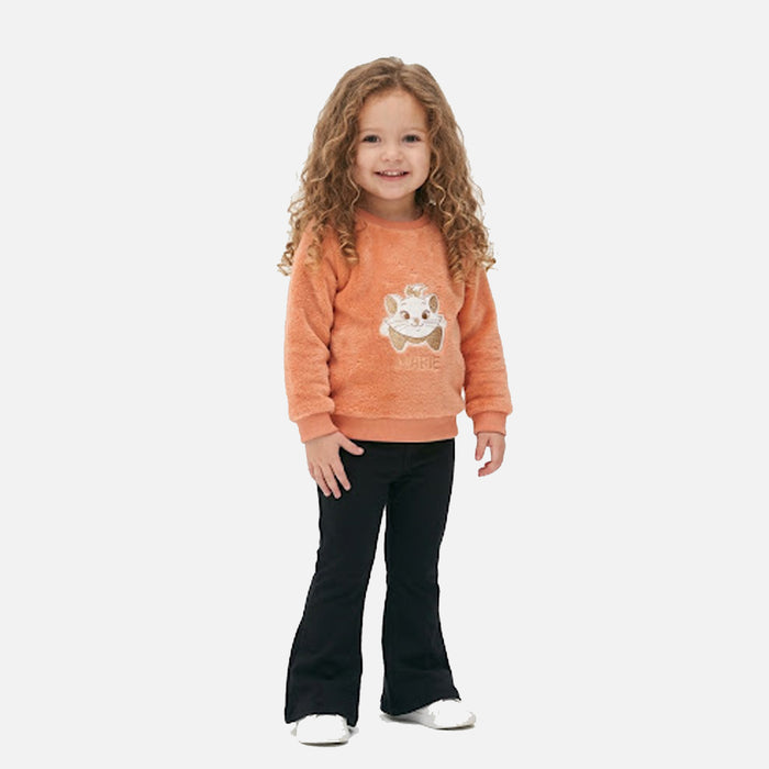Girls Peace Fleece Sweatshirt with Glittery Cat Applique