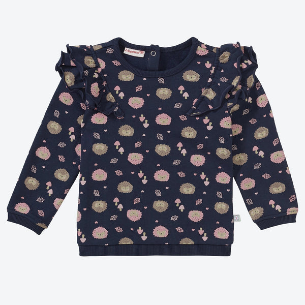 LGND Girl Navy Blue Frill on Shoulder Face Printed Inner Fleece Sweat-Shirt
