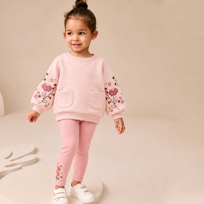 NT Girl Pink Front Pocket With Flower Embroidery Inner Fleece Sweatshirt