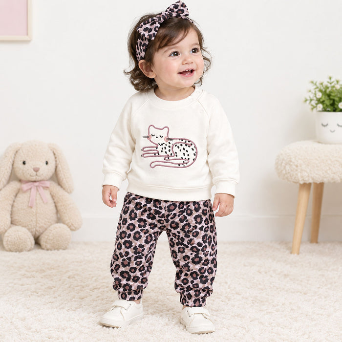 NXT Girl White Cute Cat Embroidery Sweat Shirt With Leopard Legings Four Piece Set