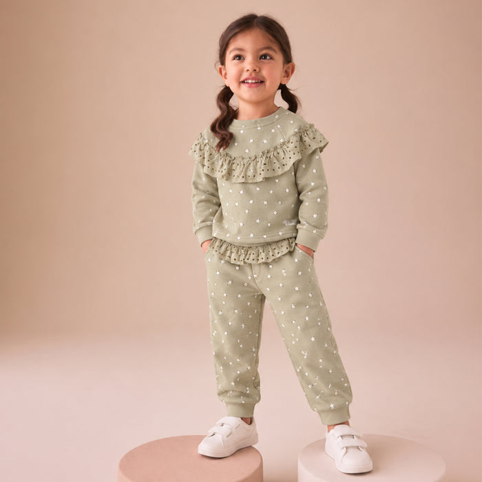 LGS Girls Green Floral Chicken Kari Sweat with Trouser Inner Fleece 2 Piece Set