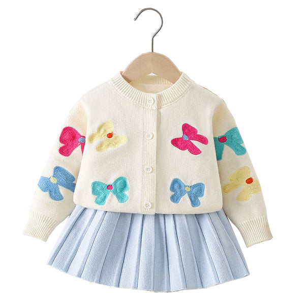 Girl Bow Embroidery  Off-white Sweater With Sky Blue Skirt
