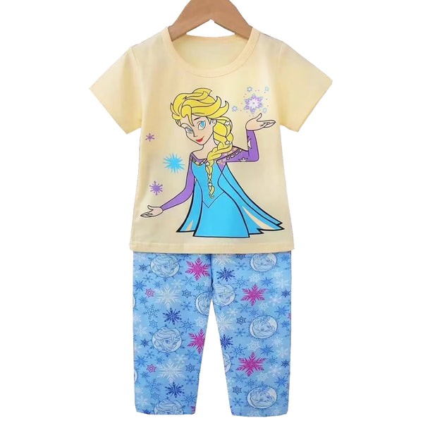 Girl Cream T-shirt With Elsa Snow Queen Character Print Two Pieces Set