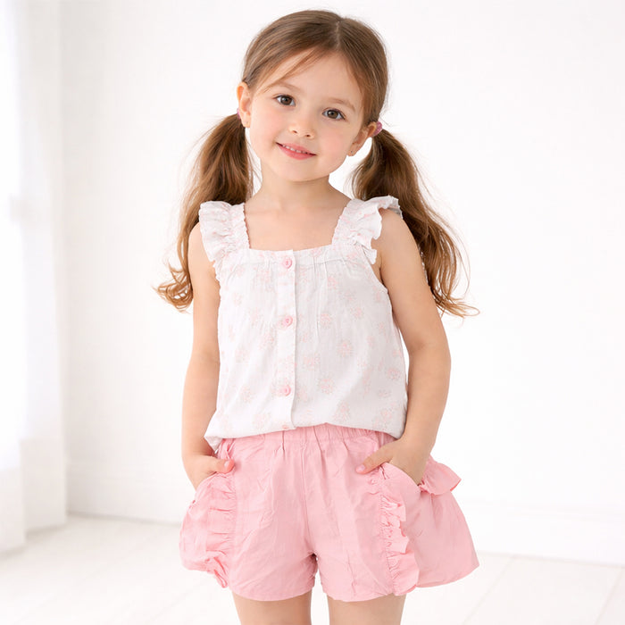 Girl Off-white Pink Flower Printed With Pink Shorts Two Piece Set Frock