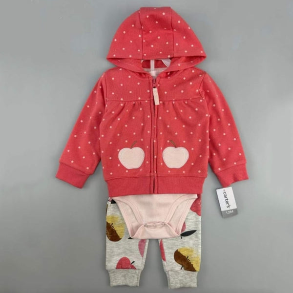 CAR TERS Girl Baby Pink Color Apple Design Three Piece Set