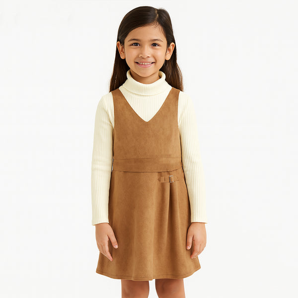 RCHEL ZOE Brown Leather Dungaree Frock With Off-white High Neck