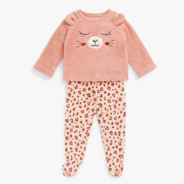 Girls Pink Embroidery With Bear Face Fleece Two Piece Set