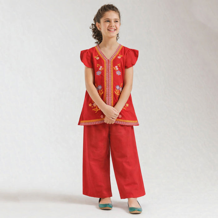 Girl Red Flower Embroidery Two Piece Set