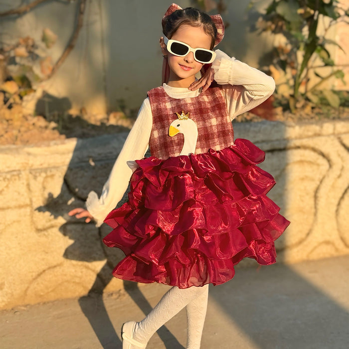 Off-white Shirt Red Check Frock With Fancy Net and Hair Bow Tail