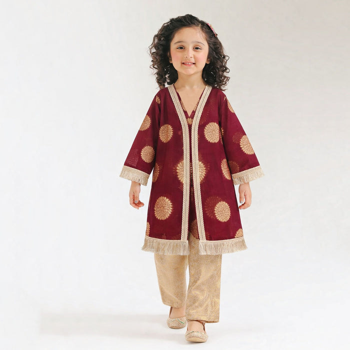 Girl Maroon Flower Gliterish Two Piece Set