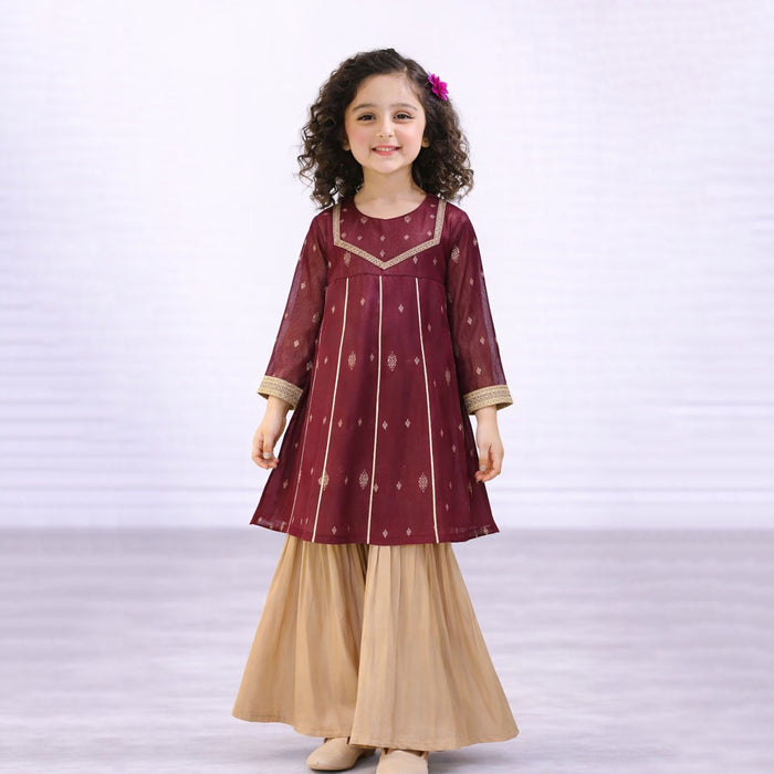 Girl Maroon Gliteris Printed Two Piece Set