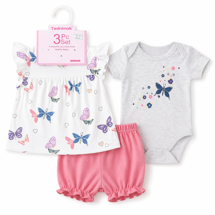 TEDMI MAK Girl ColorFul Butterfly Frock ,Grey Butterfly Romper With Pink Shorts 3 Piece Set