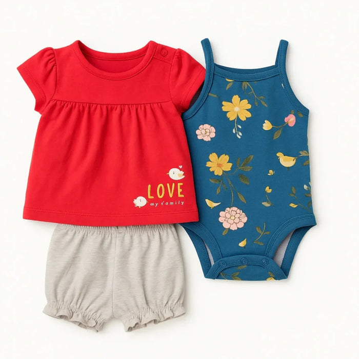 TEDMI MAK Girl Red Frock , Flower Printed Romper and Shorts 3 Piece Set
